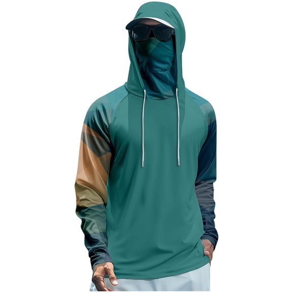 Outdoor Men Color Block Raglan Sun Protection Hooded Shirts Long Sleeve Full Face Neck Gaiter Breathable Quick Dry Fishing Rash Guard