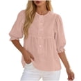 thumbnail image 2 of Button Down Short Sleeve Shirts for Women Round Neck Loose Casual Summer Tops, 2 of 7
