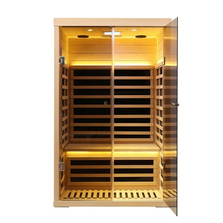 Xmatch Far Infrared Wooden Sauna Room, 2-Person Size, with 1780W, 7 Low EMF Heaters, 10 Minutes Pre-Warm up
