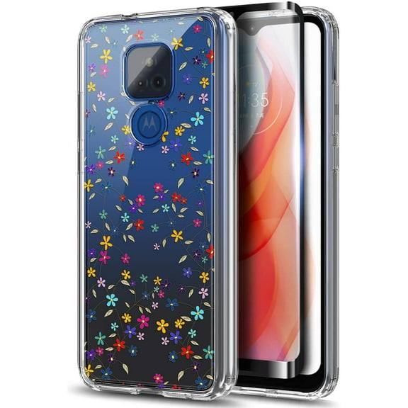 Nagebee Case for Motorola Moto G Play 2021 with Tempered Glass Screen Protector (Full Coverage), Ultra Slim Plastic Hard Back with TPU Bumper Protective Case Cover (Flower)