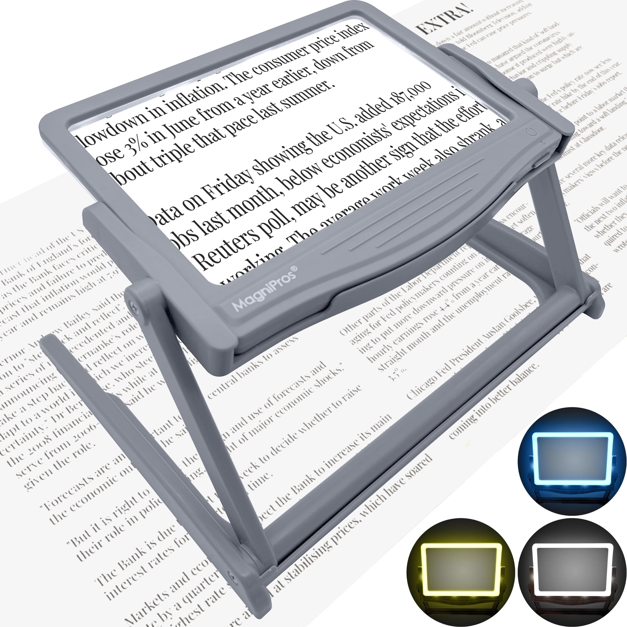 MAGNIPROS 5X Large LED Full Page Magnifying Glass with Collapsible Hands-Free Stand & 3 Color Modes to Reduce Eye Strain, Ideal for Reading Small Prints, Crafting, Low Vision & Seniors