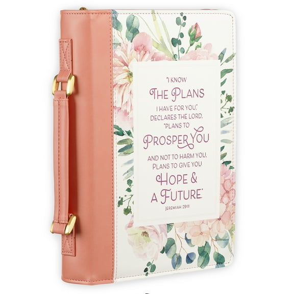 Christian Art Gifts Fashion Vegan Leather Bible Cover for Women: I Know the Plans Inspirational Bible Verse, Pink Floral, Medium