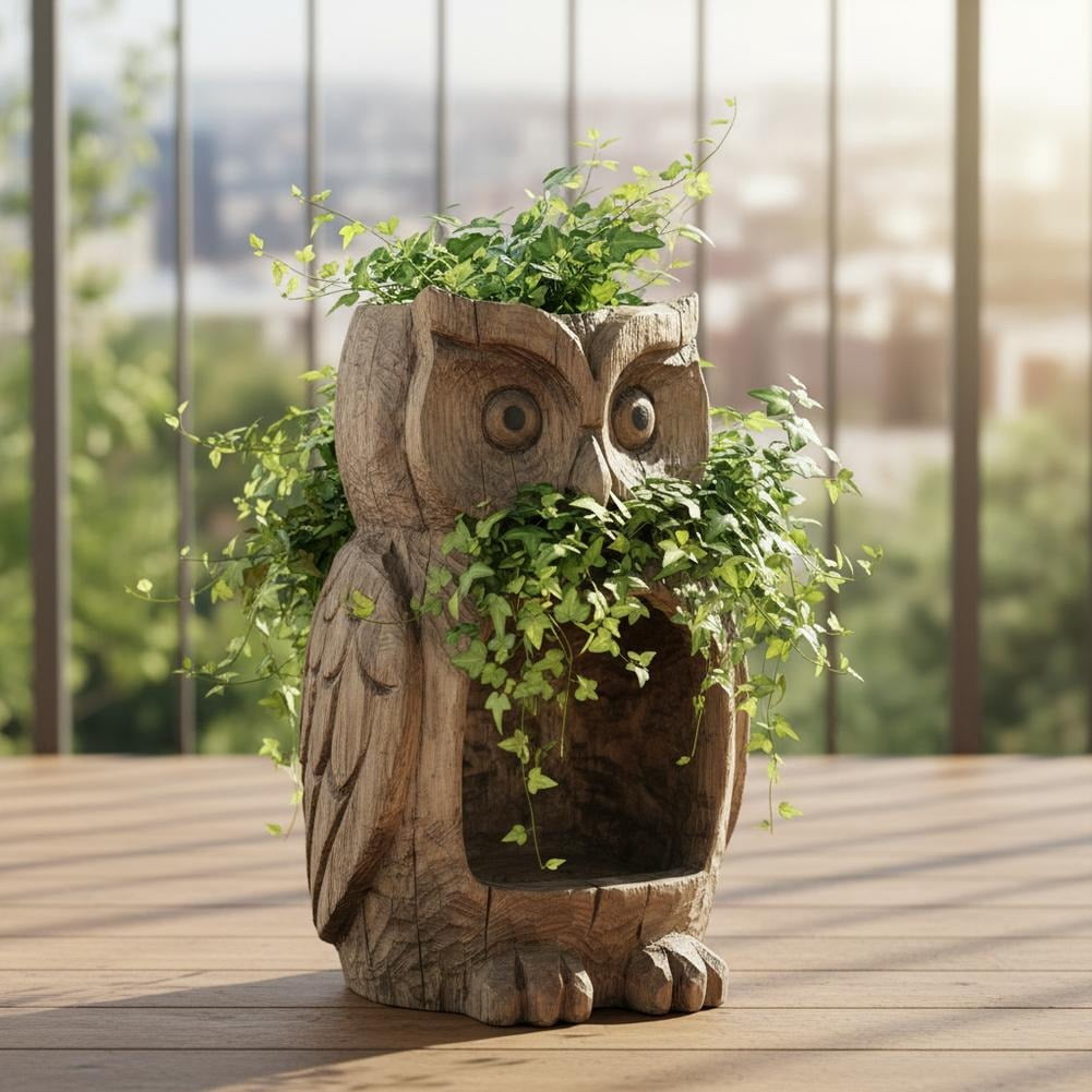 Resin Owl Bird Feeder for Outdoor Garden - Realistic Wood-Look Decorative Wildlife Feeding Station - Weatherproof Hanging Birdfeeder for Backyard & Patio