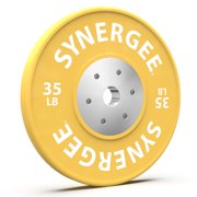 Synergee Competition Bumper Plate. 35lb Yellow Olympic Weight Plate with Steel Inserts. Low Bounce Rubber, Steel and Chrome Bumper Plate. Sold in Singles.