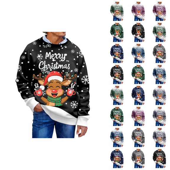 Merry Christmas Sweatshirt for Men Long Sleeve Crewneck Loose Casual Cute Reindeer Print Pullover Sweatshirts