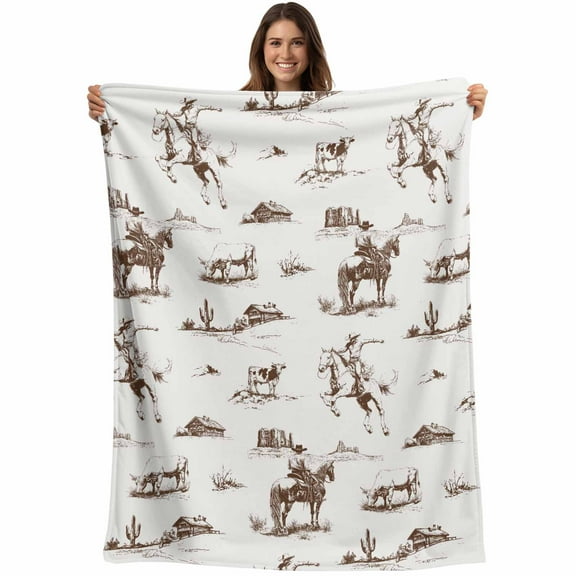 Western Farmhouse Throw Blankets, Cowboy Horse Desert Soft Fleece Blanket Decorative for Home Sofa Couch Chair Living Bedroom, 50x60 inches, Brown White
