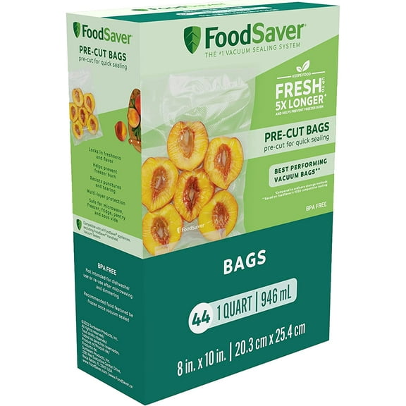 FoodSaver Precut Vacuum Sealer Bags for Airtight Food Storage and Sous Vide Cooking, BPA-Free, 1 Quart, 44 Count