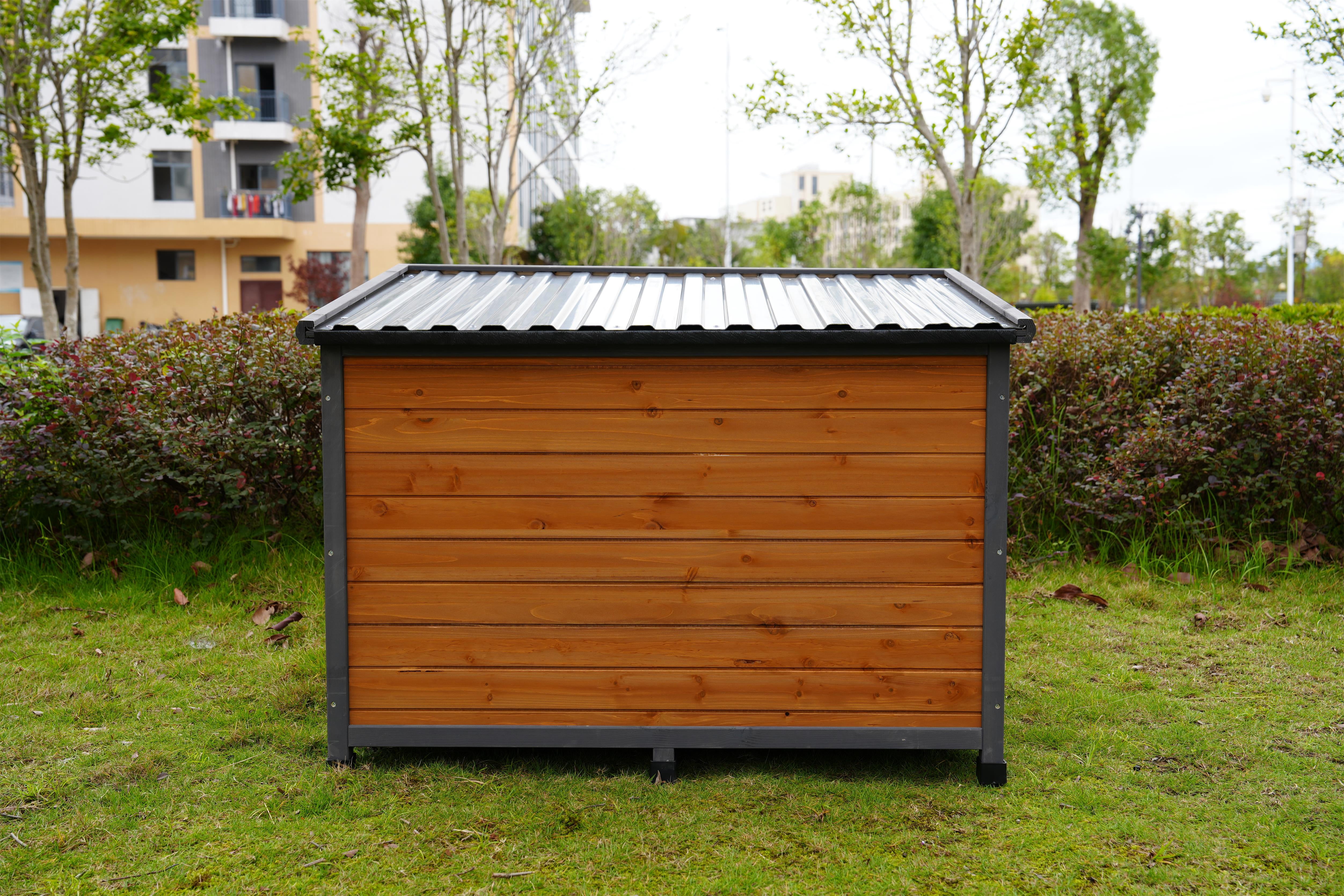 45" Large Solid Wood Dog House, Waterproof Pvc Plastic Roof, Breathable Wooden Doors