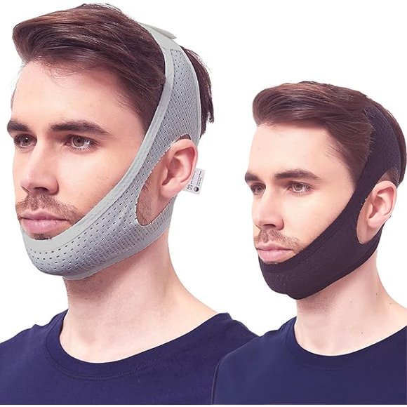 AoVoTo Chin Strap for Cpap Users, 2 Pack Black & Grey Comfortable Mesh Anti Snoring Chin Straps for Men Women, Upgraded Adjustable Cpap Chin Strap to Keep Mouth Closed While Sleeping(2 Pack), Medium