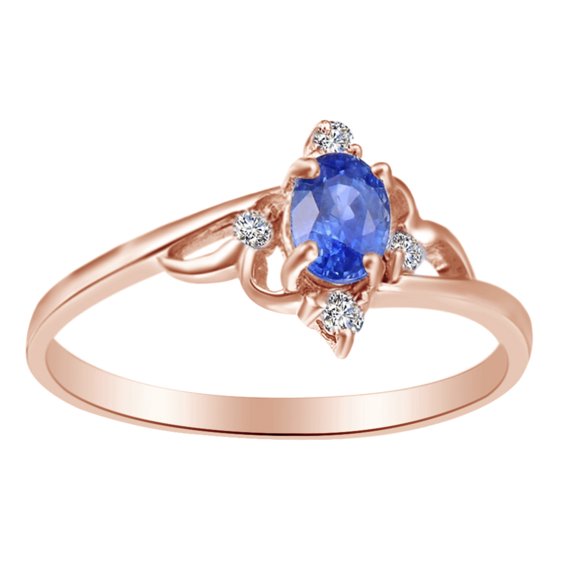 AFFY Oval Cut Simulated Blue Sapphire, White Natural Diamond Engagement Ring In 10k Rose Gold (0.6 cttw), Ring Size-4