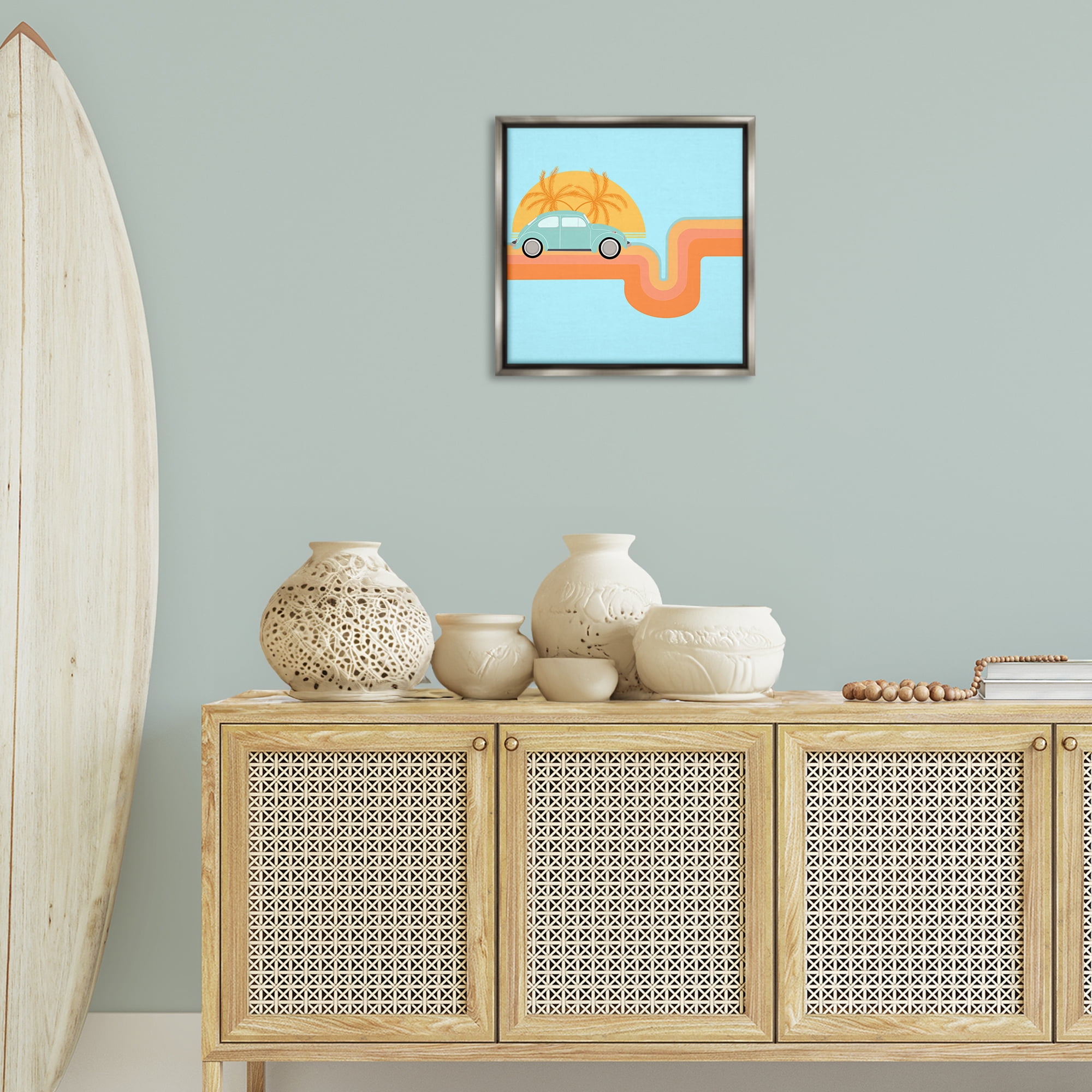 Stupell Industries Retro Tropical Cruisin' Transportation Painting Gray Floater Framed Canvas Art Print Wall Art, 18 x 18