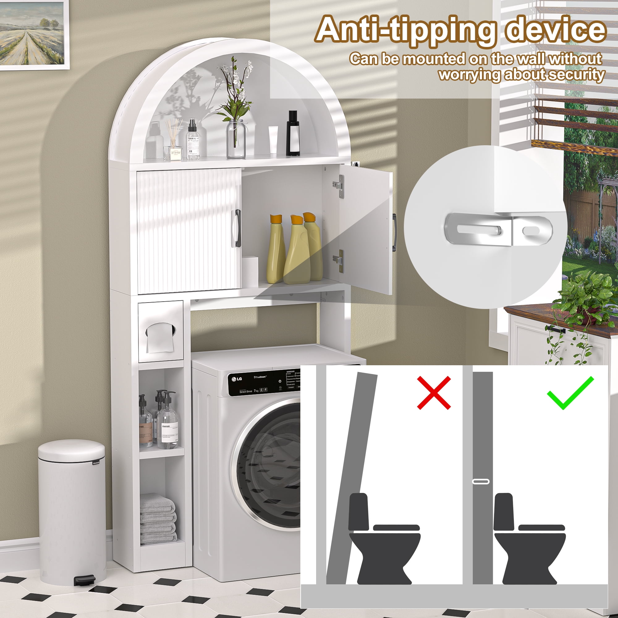 HARIPUL Over The Toilet Storage Cabinet w/ Unique Wood Grain & Arc Design, Freestanding Bathroom Shelf Organizer Space Saver w/ Doors & Anti-Tip Device, White