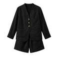 thumbnail image 7 of LEKWK Linen Sets for Women 2 Piece Long Sleeve V Neck Button Down Tops and High Waisted Shorts with Pockets Summer Solid Casual Travel Vacation Sets, 7 of 7