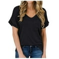 thumbnail image 2 of Oalirro Women's Tops, Tees & Blouses Birthday Present Women's Fashion Summer V Neck Leisure Short Sleeve Solid Tops Black, 2 of 7