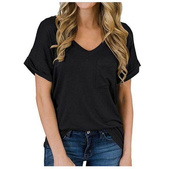 XFLWAM Womens T Shirts Short Sleeve V Neck Solid Color Casual Summer Tops Tshirts with Pocket Black XL