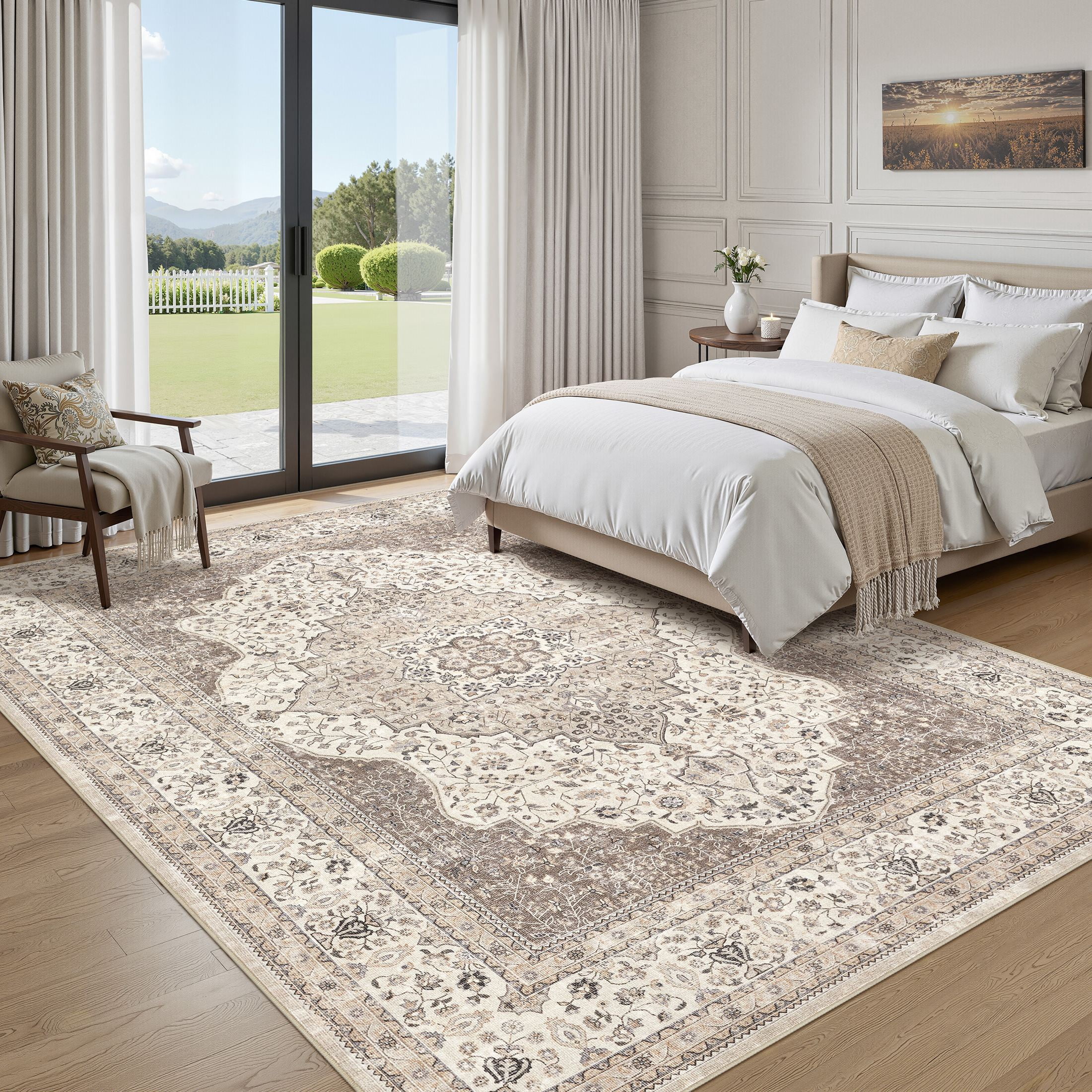 UERMEI 8'x10' Washable Area Rugs for Living Room, Vintage Floral Boho Printed Carpet, Non Slip Indoor Rug for Bedroom Home Decor Carpets - Brown