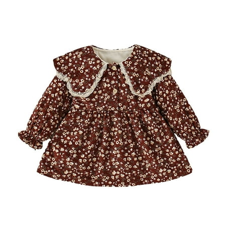 

HBYJLZYG Ruffle Lapel Shirt Tunic Dress Baby Girl Bow Collar Long Sleeve Floral Print Dress Suitable For 1-12 Years
