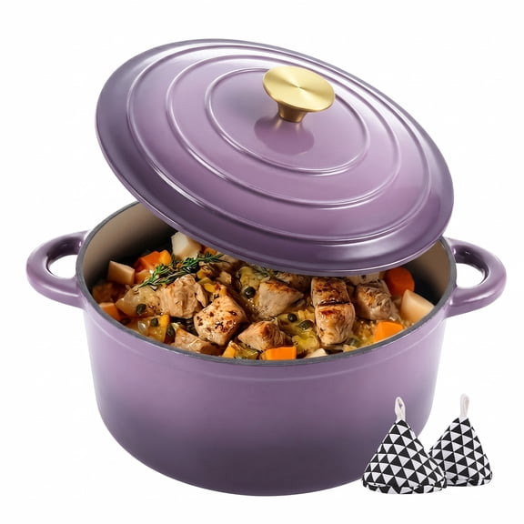 Hawsaiy 6 QT Enameled Cast Iron Dutch Oven with Lid, Pink, Includes 2 Oven Mitts, Nonstick Cookware for Baking, Roasting, Braising, Purple