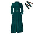 thumbnail image 3 of AURA Womens V Neck Pleated Midi Dress High Waist Belted A Line 3 4 Sleeve Work Office Elegant Spring Dress with Zipper, 3 of 5