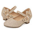 thumbnail image 2 of Gold Glitter Mary Jane Dress Shoes for Girls with Rhinestone Bow Size 13, Little Kids Low Block Heel Princess Party Shoes, 2 of 7