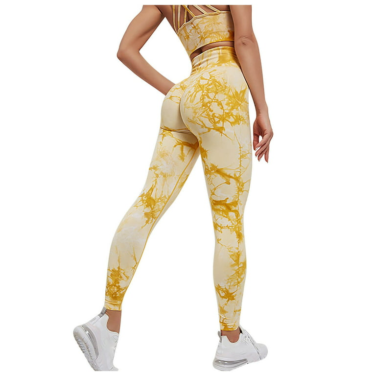 ZHAGHMIN Women'S High Waist Tie Dye Yoga Pants Slim Fit Stretch Tight Hip  Lifting Sport Pants Workout Leggings Tummy Control Gym Trousers Yellow SizeS