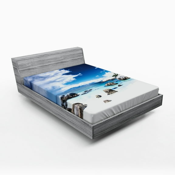 Landscape Fitted Sheet, Ocean Seascape Peaceful Beach with Rocks and Cloudy Sky Digital Print, Soft Decorative Fabric Bedding, Full Size, White Blue and Grey, by Ambesonne