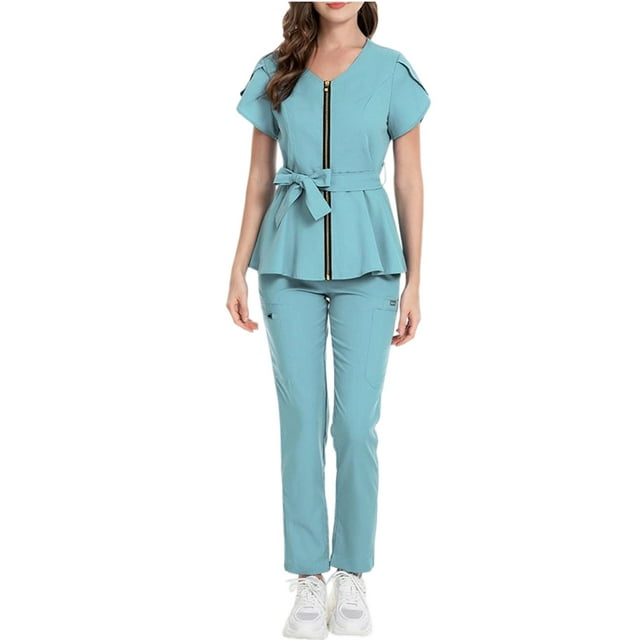Ensemble de Costume pour Femmes Confortable et Décontracté Couleur Unie Manches Courtes Pantalon Ensemble de Protection Bleu Clair TP