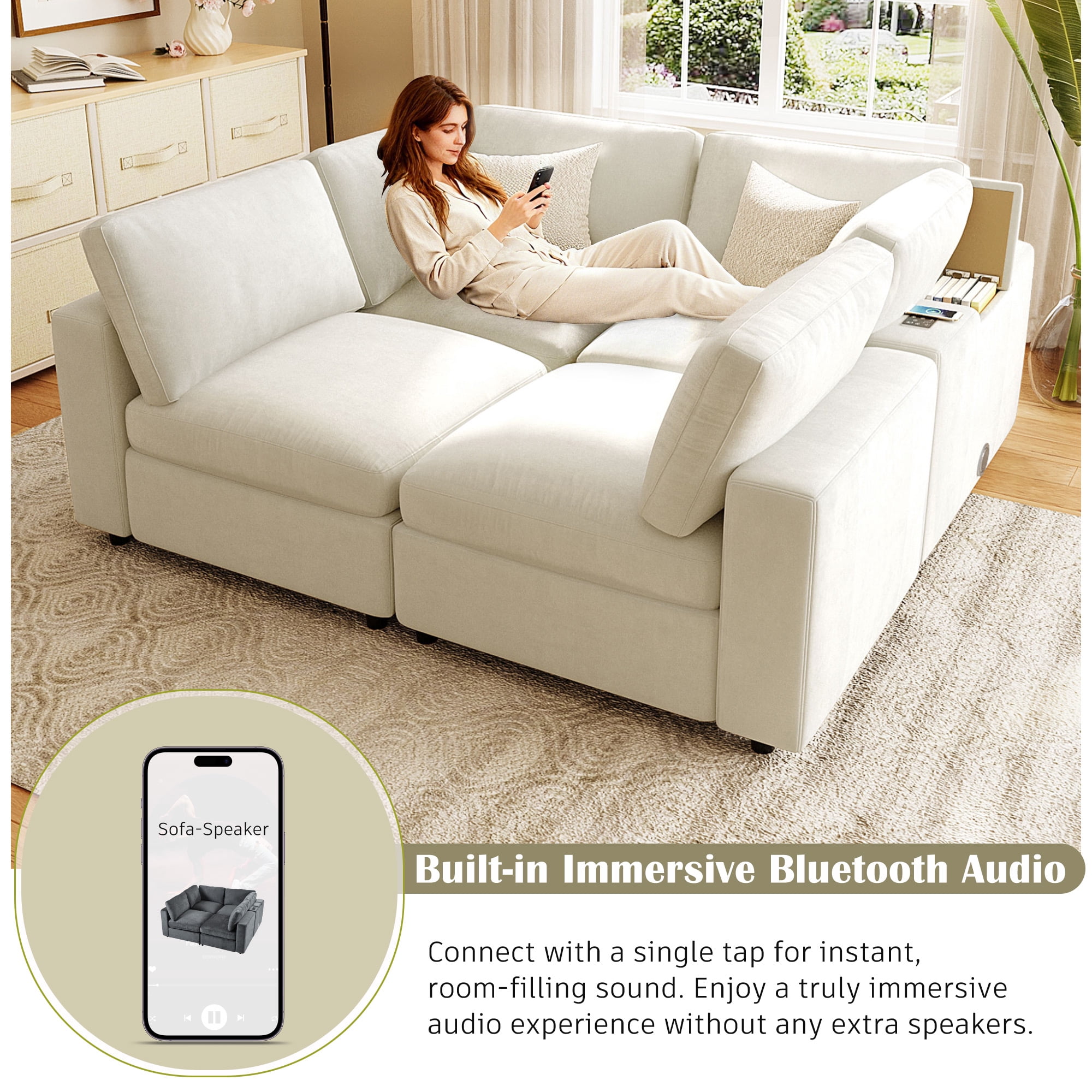 Harper & Bright Designs Modular Sectional Sofa with Storage, Free-combined Sectional Convertible Couch with SB Charge Ports, Wireless Charging and Built-in Bluetooth Speaker in Arm, Beige