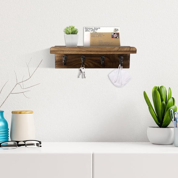Rustic Key Holder for Wall, Farmhouse Wall Shelf with Hooks, Wall Mounted Key Racks, Wooden Mail Organizer with Hooks for Entryway (Brown)