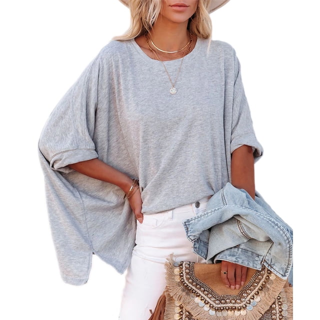 Hauts Surdimensionnés à Manches Chauve-Souris pour Femmes, Col Rond Décontracté, Manches Mi-Longues, Blouse Irrégulière