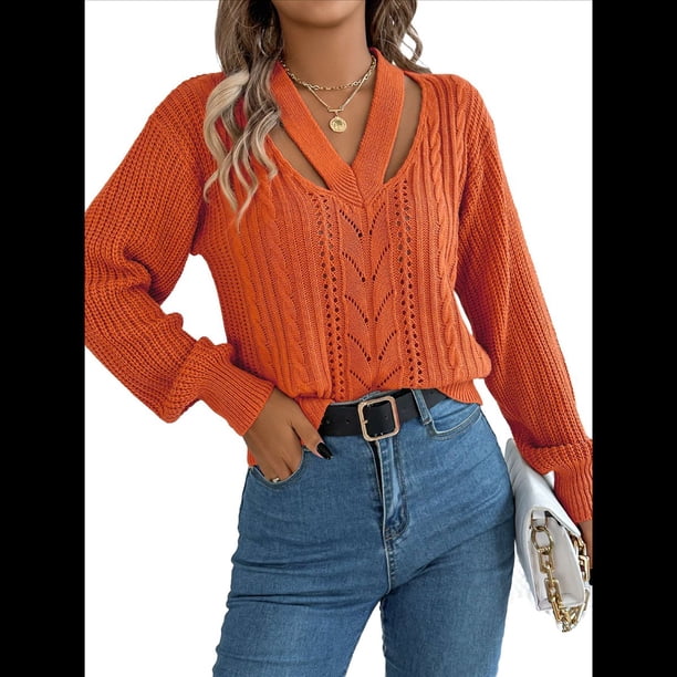 Suéter Informal de Cuello en V Ahuecado para Mujer, Suéter de Punto de Larga, Suéteres Superiores. Color Naranja L