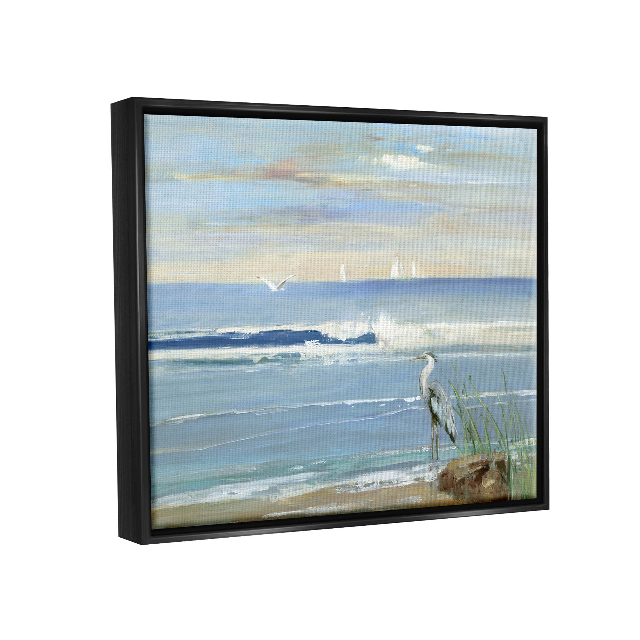 Stupell Industries Heron Splashing Beach Waves Painting Jet Black Floating Framed Canvas Print Wall Art, Design by Sally Swatland