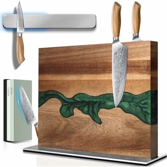Magnetic Knife Block with Sharpening Stone and Stainless Steel Magnetic Knife Strip, Double Side Magnetic Knife Holder, Acacia Wood Knife Block and Green Resin$$Home Decor, Kitchen, & Other