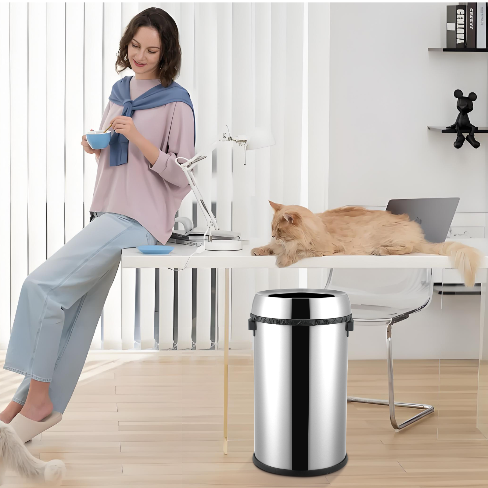 Large Open Top Trash Can 17 Gallon, 65 Liter Round Kitchen Garbage Can, Stainless Steel Trash Can, Commercial Trash Bin, Waste Bin, Recycle Bin for Bathroom, Office, Silver