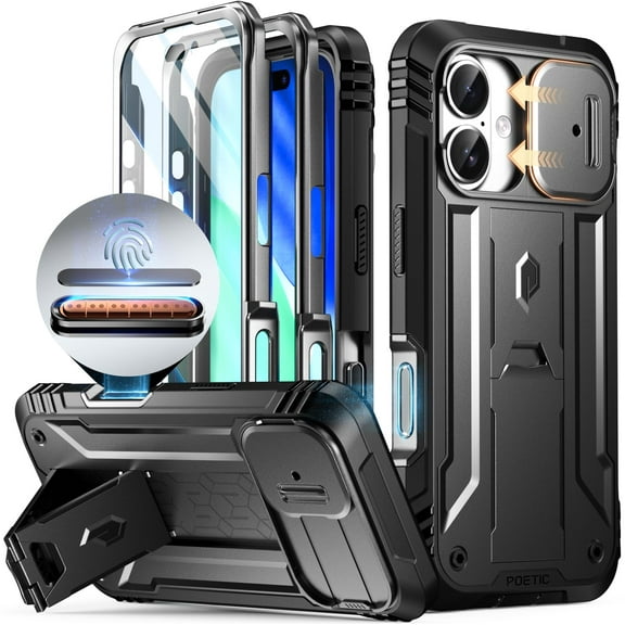 POETIC for iPhone 17 Case with Camera Control Capture Button, [Slide Camera Cover] [Built-in Stand] [Built-in Screen Protector] Full-Body Military Grade Rugged Phone Case for iPhone 17, Black