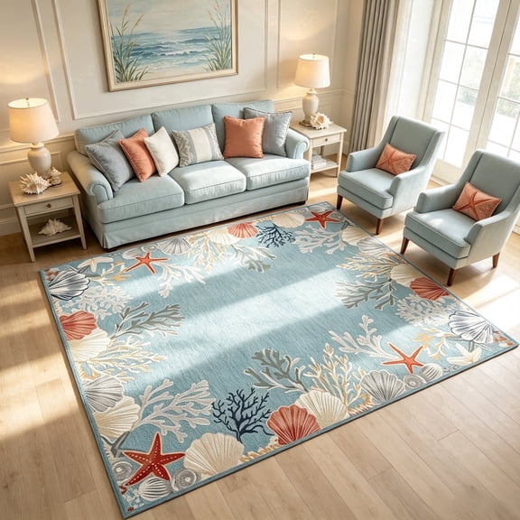 LUOVEN 8'x10' Ocean Coral Boho Runner Rug for Living Room, Non-Slip Bedroom Rugs, Low-Pile Throw Rug, for nautical Rug With Seashell And Starfish Borders, For Dining Room Bedroom Living room(Blue)