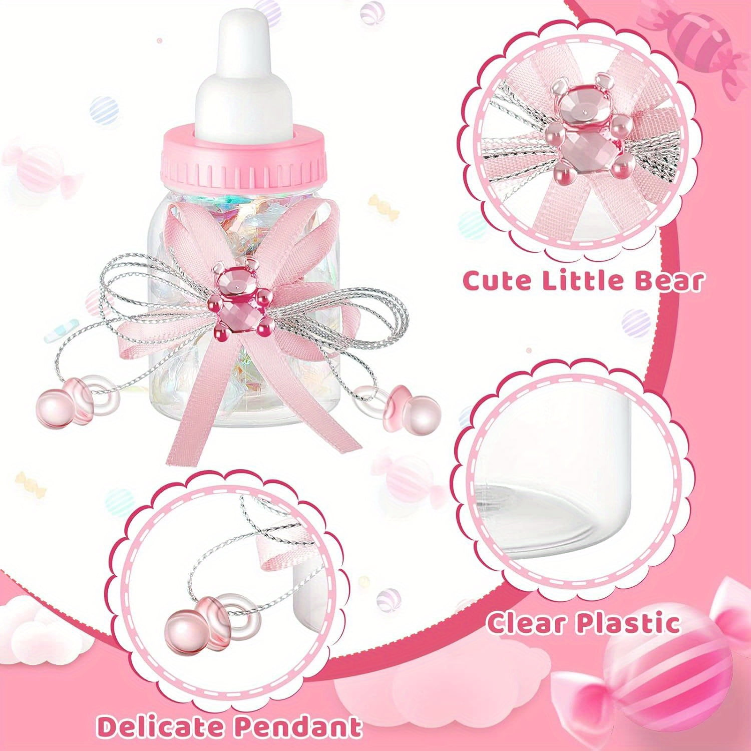 48pcs Mini Clear Milk Bottles 3.54×1.57in with Pink Ribbon, Cute Plastic Baby Shower Favors, Candy Containers for Girl Baby Shower Decorations, Gender Reveal Party Supplies