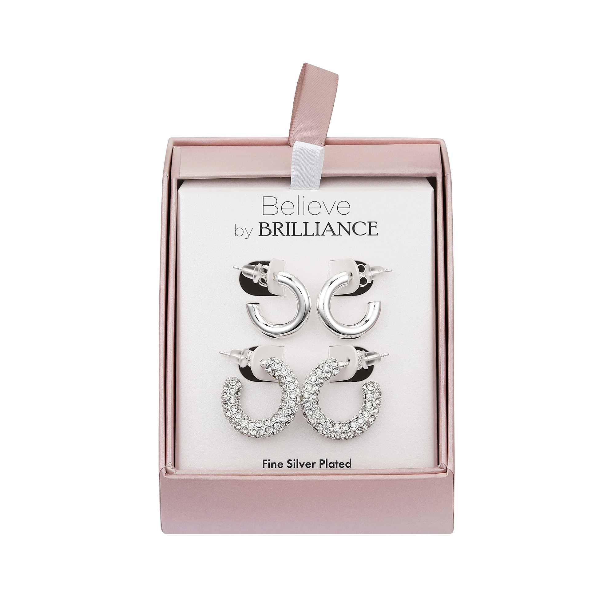 Believe by Brilliance Women's Fine Silver Plated Crystal and Plain Chunky Post Hoop Earring Set