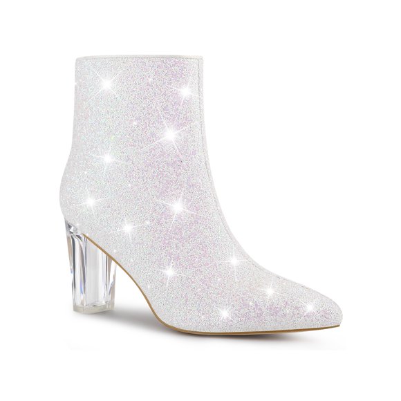 Perphy Clear Heel Sparkly Glitter Block Heels Ankle Boots for Women White (Size 8)