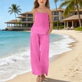 thumbnail image 2 of Girls 2 Piece Cotton Linen Outfit 3-14 Years Adjustable Spaghetti Strap Top and Wide Leg Pants with Pockets Summer Casual Set for Kids Hot Pink 130(130), 2 of 7
