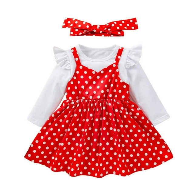 Tenue de Bébé Fille Printemps Mignonne T-Shirt Manches Volantes Robe à Pois Vêtements pour Adolescente Rouge 3-4 Ans