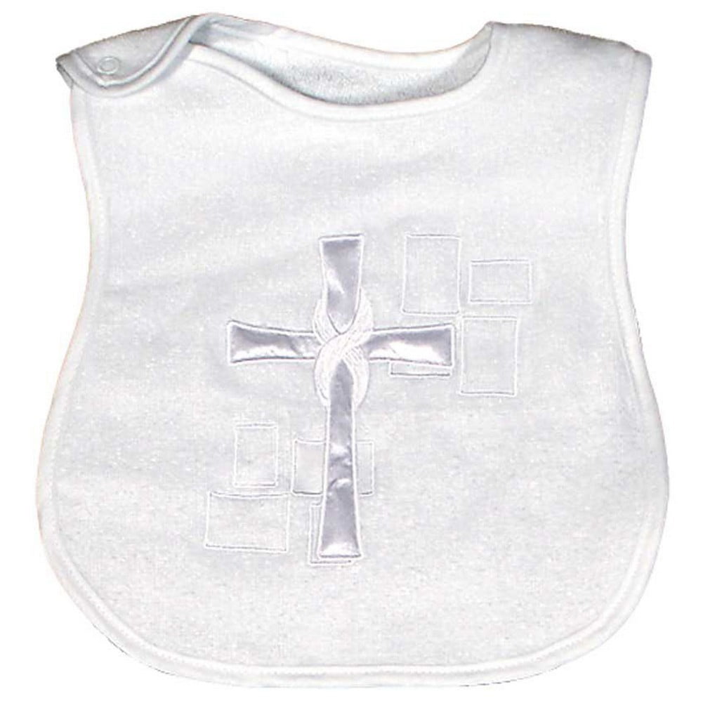 Unisex Baby Satin Cross Appliqued Bib, White by Raindrops