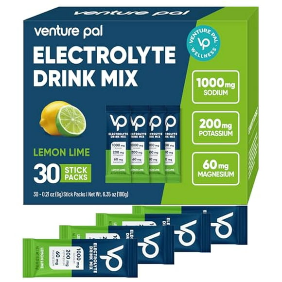 Venture Pal Paquetes de electrolitos en polvo con alto contenido de sodio y sin azúcar - Paquetes de hidratación con sodio, potasio y magnesio | Cero calorías | Vegano, Keto y Paleo | 30 palos