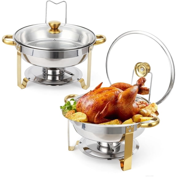 Acekid Chafing Dish Buffet Set of 2, 5QT Round Chafing Dishes with Lid Holder & Glass Lid, Stainless Steel Buffet Warmers for Parties Wedding, Gold Edge
