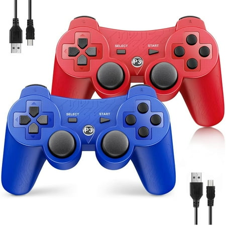 Bonacell 2 Pack Controller Wireless for PS3, Controller for Sony Playstation 3, 6-Axis,Upgraded Gamepad Remote for PS3 Controller for Playstation 3 Controller with Analog Joysticks, Blue + Red