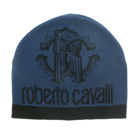 Roberto Cavalli ESZ027 D0174 Black/Blue Logo Beanie Hat