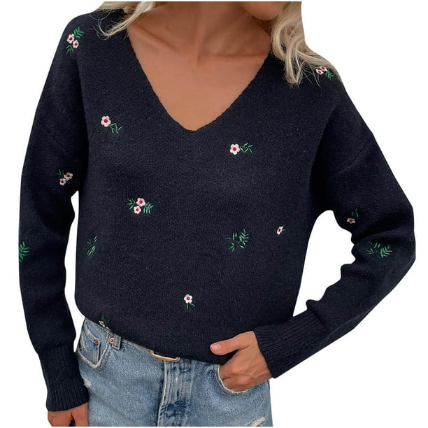 Suéteres Para Mujer Otoño Invierno Suéter de Punto Jersey Impreso Top Suelto Cuello en V Cuello en V Odeerbi ODB176225