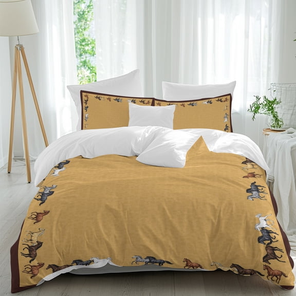 Duvet Cover Twin Size 3 Piece Bedding Set, Traditional Horses Border Soft Breathable Comforter Cover with 2 Pillow Shams, Yellow Background Luxury Duvet Covers with Zipper Closure