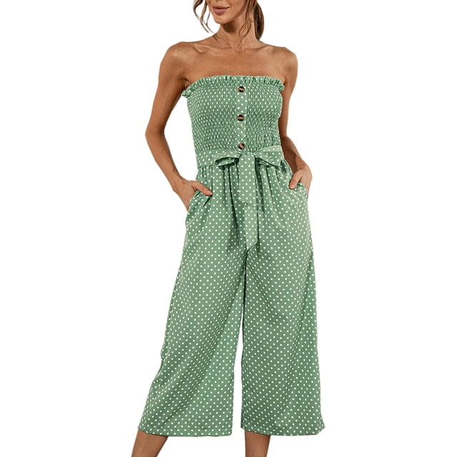 Women's Jumpsuit-Casual Off Shoulder Sleeveless Ruffle Button Belt Wide Leg Jumpsuits Rompers Summer