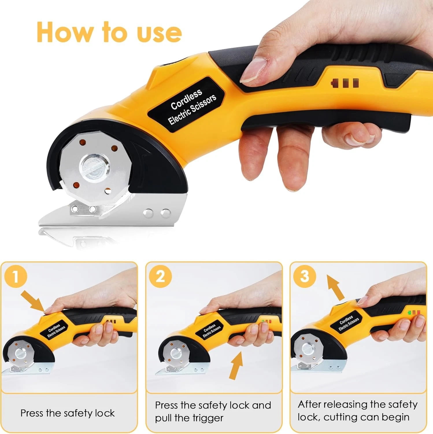 4V Cordless Electric Scissors with 2000mAh Battery, Rechargeable Power Cutter for Cardboard, Fabric, Carpet, Leather – Safety Lock, LED Light